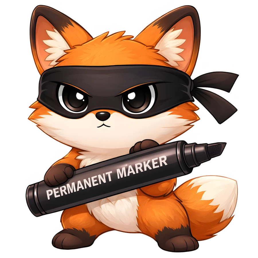 Agent Redactor masked fox mascot holding a permanent marker