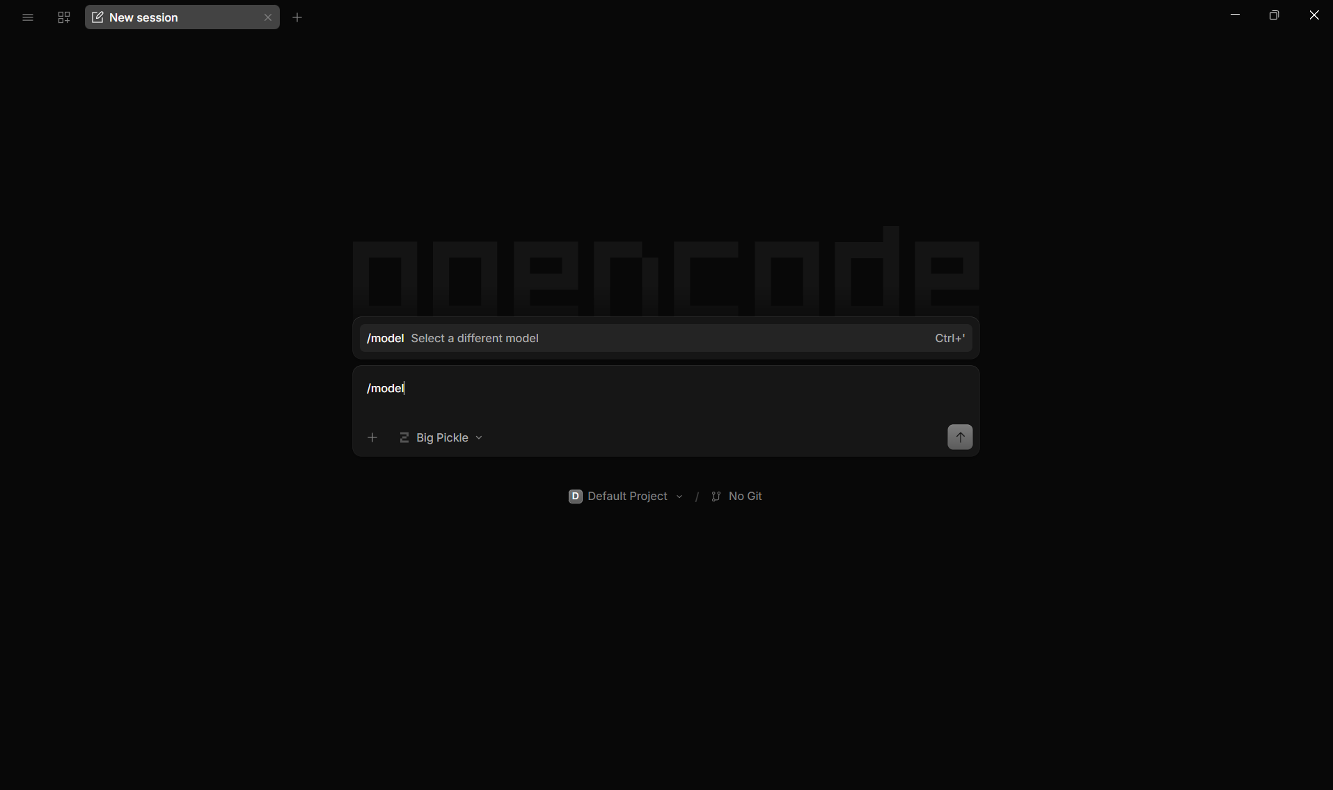 OpenCode with /model typed in chat input showing model selection prompt