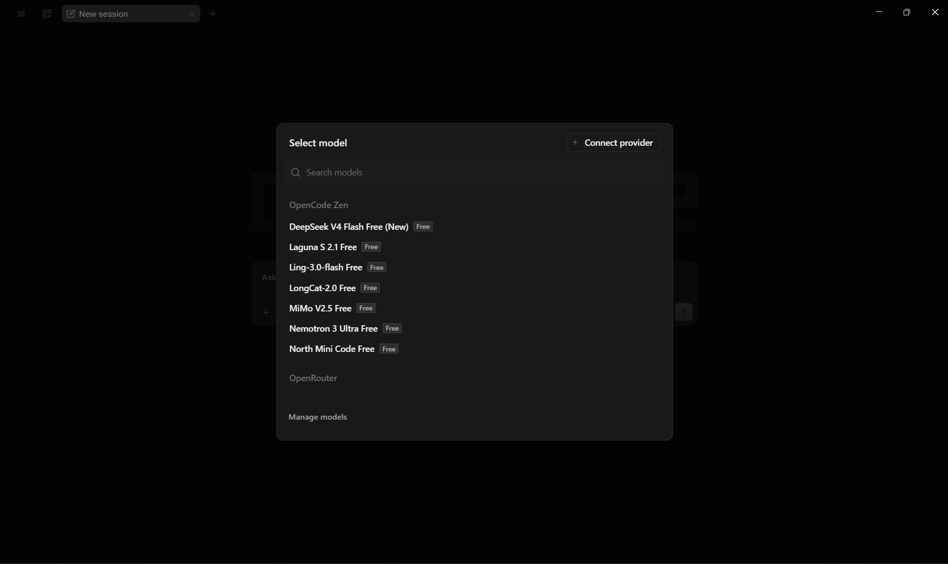 OpenCode model selection dialog with Connect provider button at top right