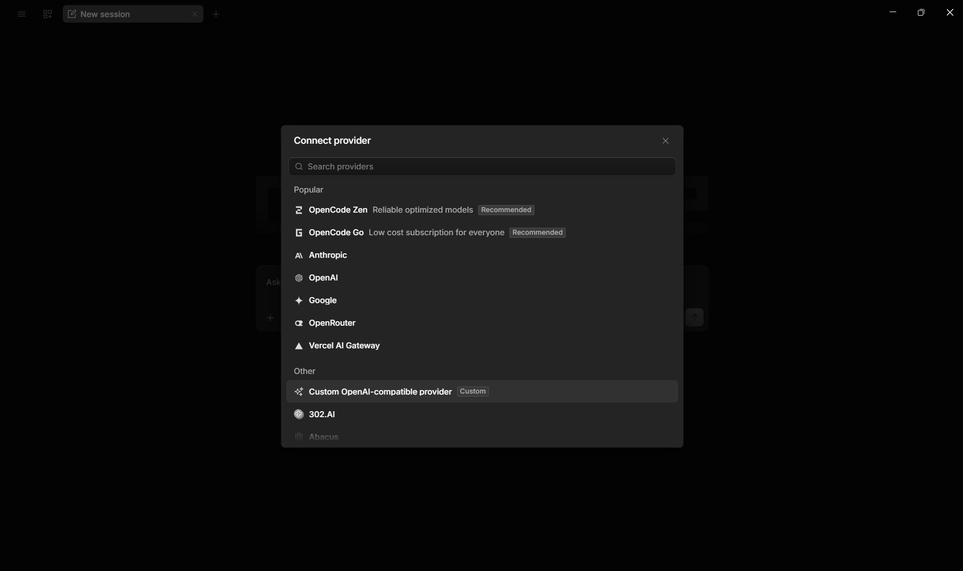 OpenCode Connect provider dialog showing provider list with Custom OpenAI-compatible provider under Other section