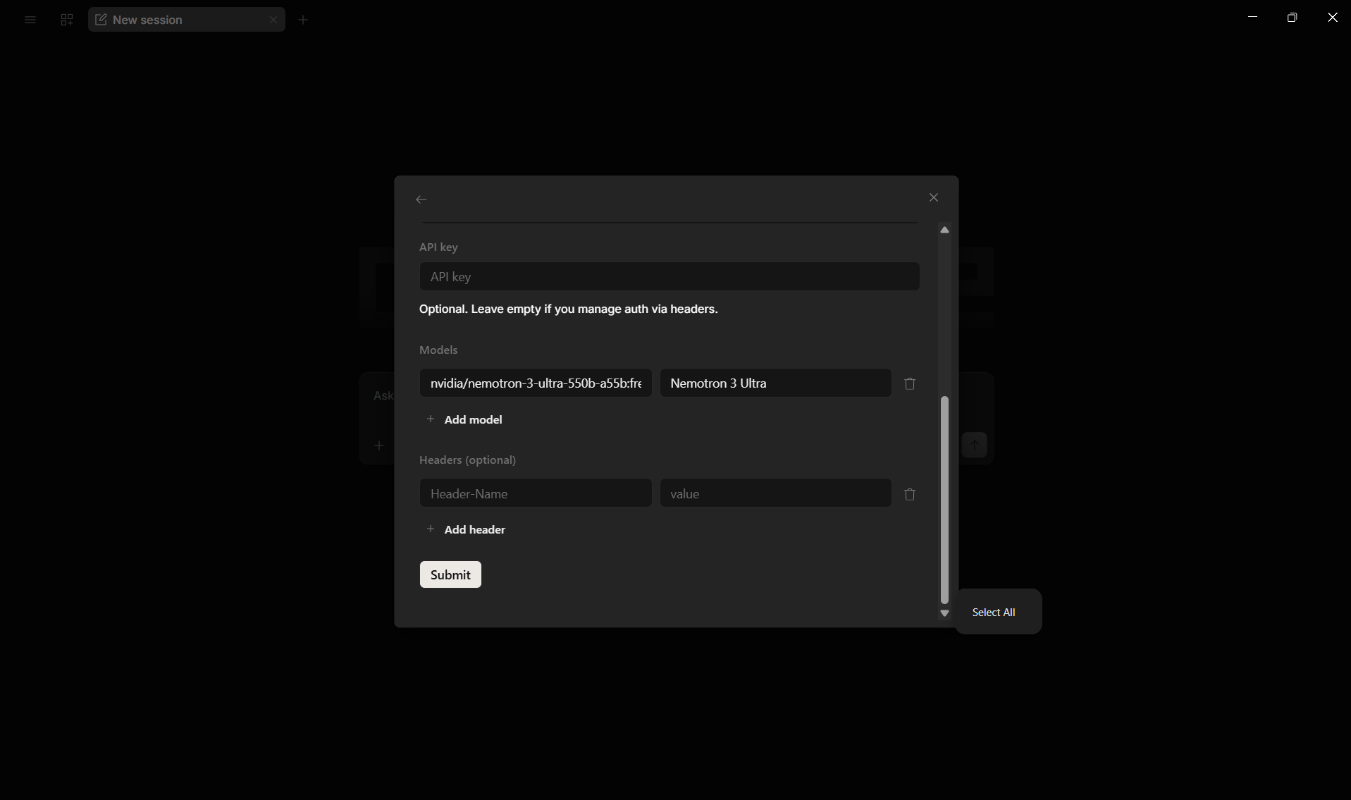 OpenCode custom provider form Models section with model ID nvidia/nemotron-3-ultra-550b-a55b:free and Submit button