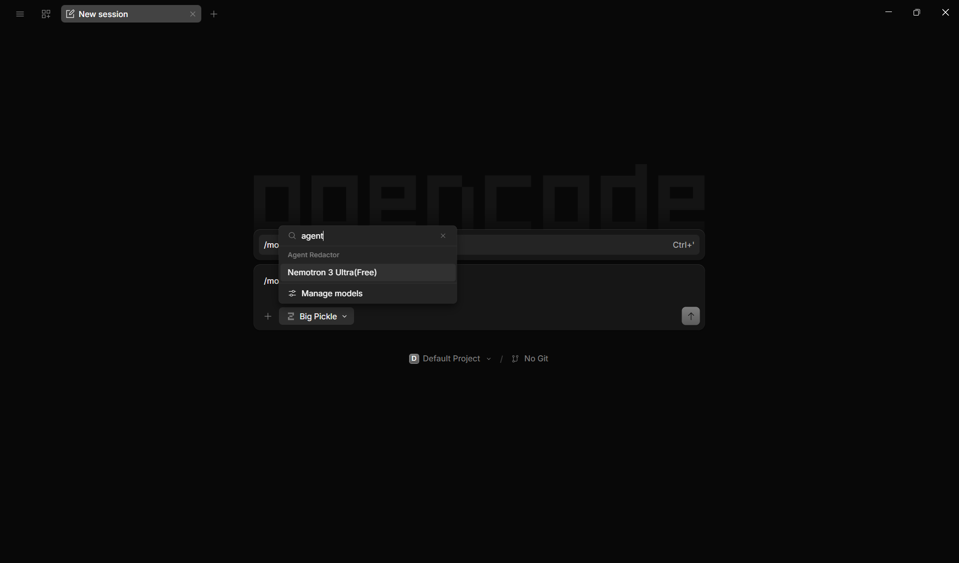 OpenCode model selector searching for agent showing Agent Redactor provider with Nemotron 3 Ultra(Free)